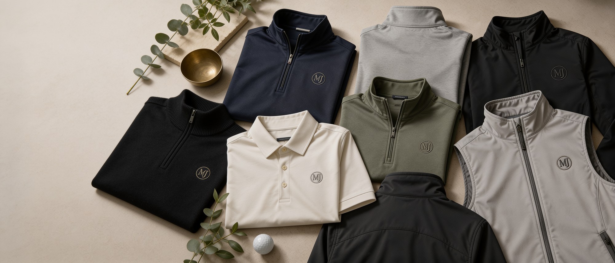 Flat-lay of premium men's MJ Luxe branded apparel — quarter-zip pullovers, a polo and a vest