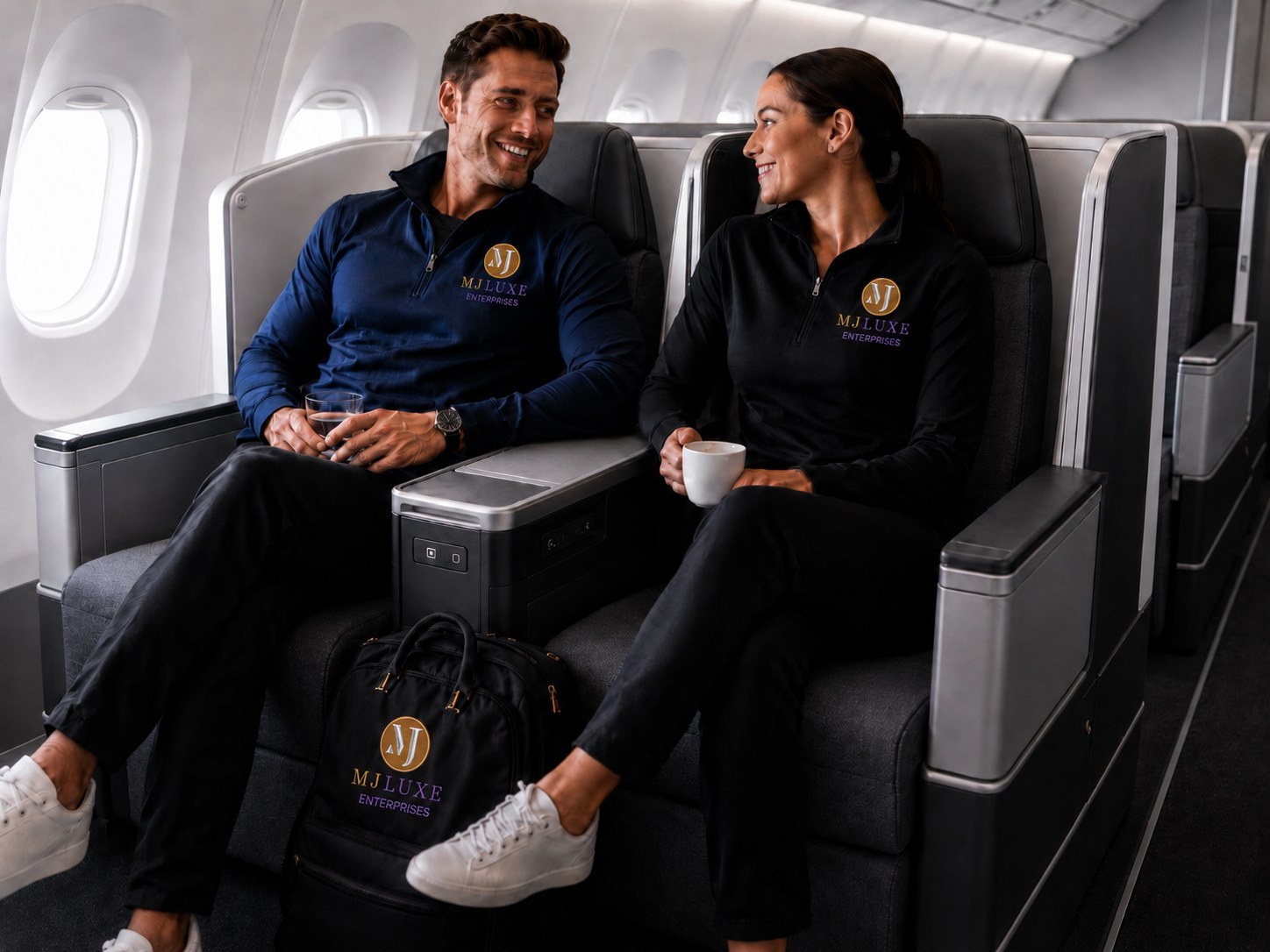 A man and woman in MJ Luxe branded quarter-zip pullovers relaxing in a first-class cabin, with a branded MJ Luxe travel bag