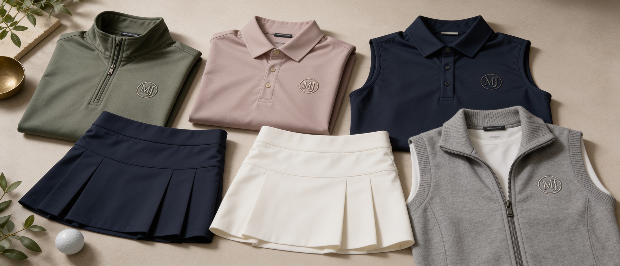 Flat-lay of premium women's MJ Luxe branded apparel — quarter-zips, a sleeveless polo, a vest and a skort