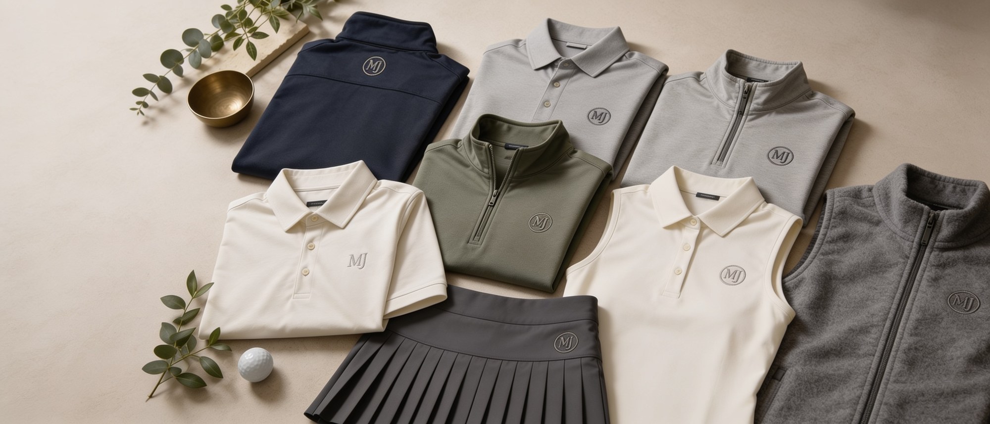 Flat-lay of premium men's and women's MJ Luxe branded apparel — quarter-zips, polos, a vest and a skort, with one quarter-zip turned to show the MJ logo embroidered on the back yoke