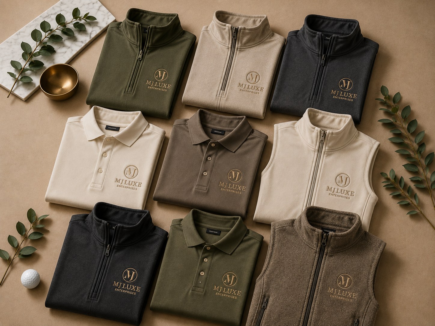 Flat-lay of nine premium MJ Luxe branded pieces — quarter-zip pullovers, polos and vests in olive, charcoal, brown and cream, each with the embroidered MJ Luxe Enterprises logo